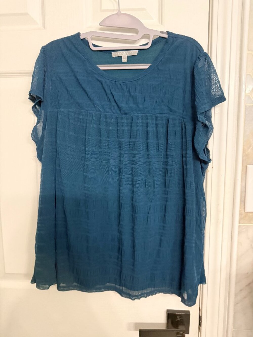 Daniel Rainn Teal Textured Grid Flutter Sleeve Babydoll Blouse 1X